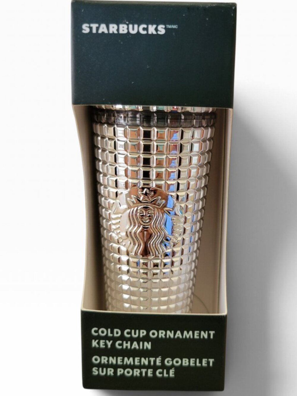 Starbucks Holiday Metallic Silver Mirror Grid Cold Cup Ornament Keychain